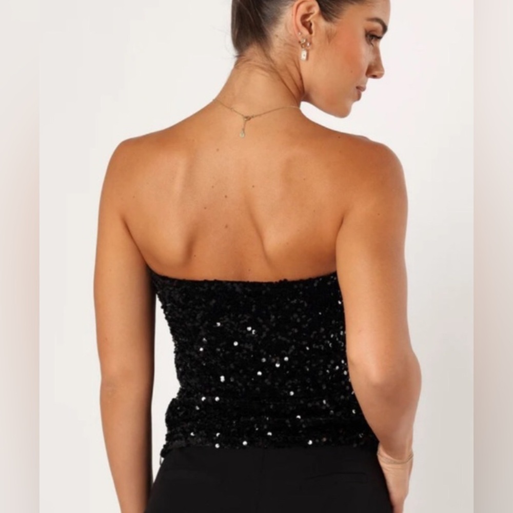 Black Sequinned Deep-Plunge Strapless Bodysuit Small - Picture 3 of 12